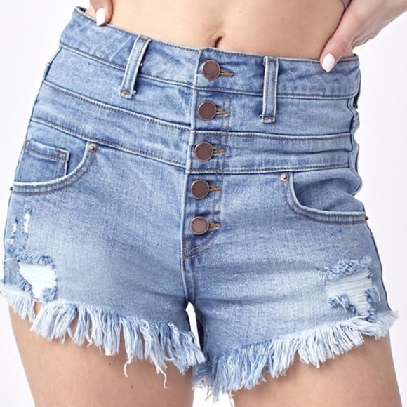 Button-Fly Distressed Rayon Shorts main image 0